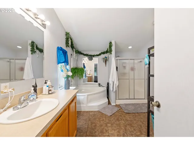 a bathroom with a sink a mirror and a potted plant