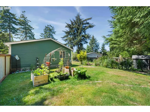 a view of a backyard with large trees