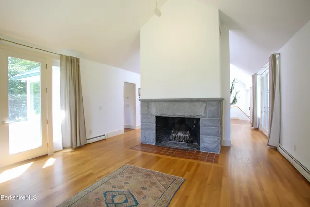 a living room with a fireplace
