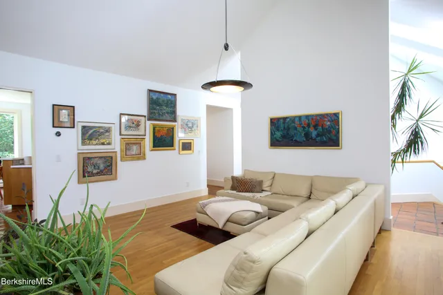 a living room with furniture and a potted plant