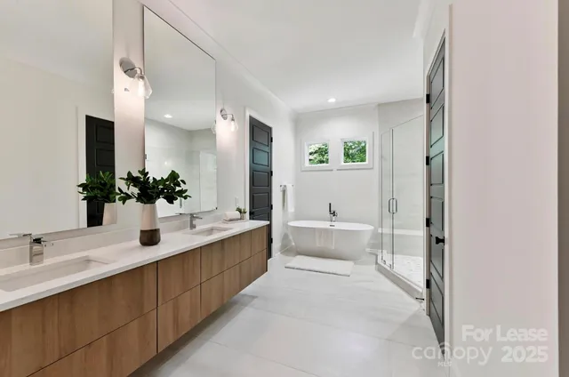 a bathroom with a double vanity sink mirror and bathtub