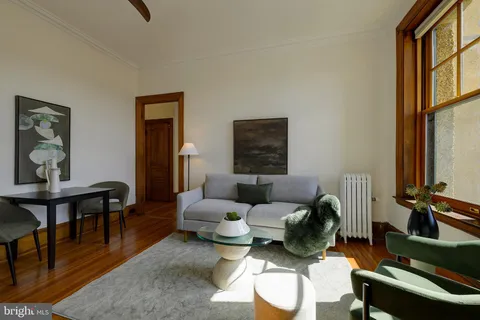 a living room with furniture a rug and a window