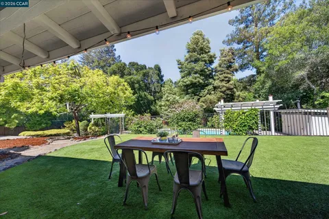 a view of a house with swimming pool and sitting area