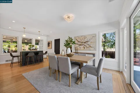 a view of a dining room with furniture window and wooden floor