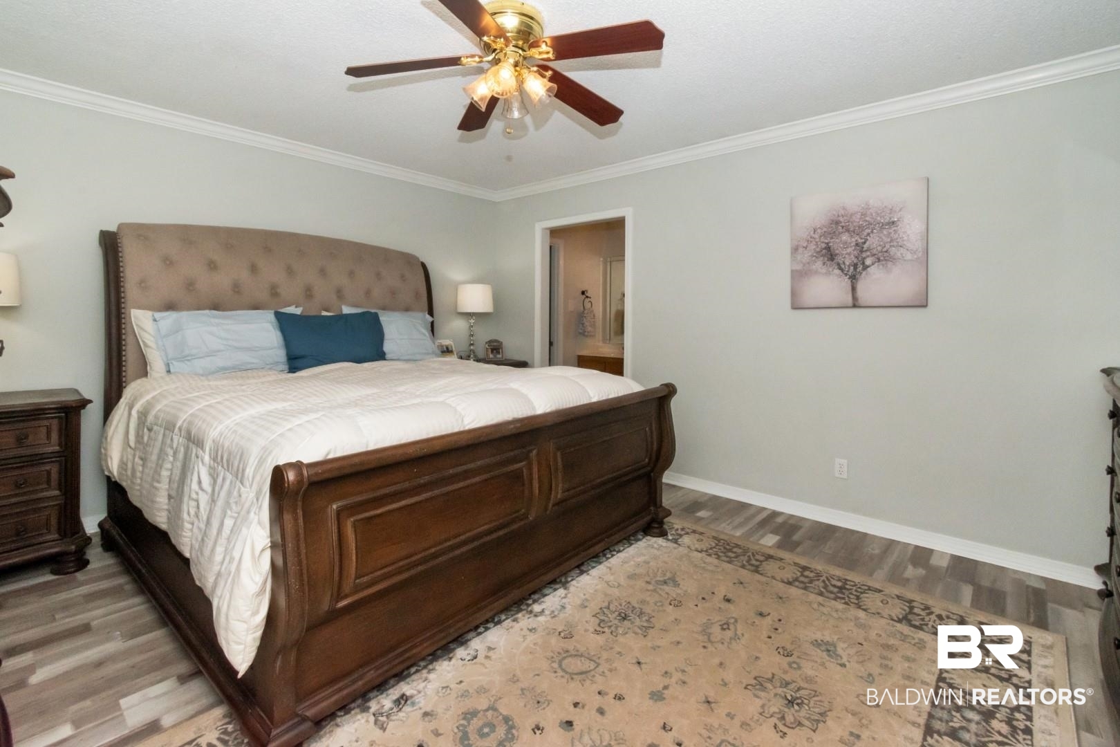 9991 Wedgefield Court Mobile, AL 36608 - Photo 15 of 30 Bedroom with light hardwood / wood-style floors, ornamental molding, and ceiling fan