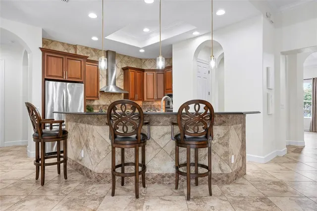 a living room with furniture and a table