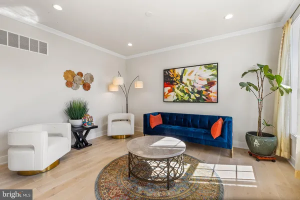 a living room with furniture and a potted plant