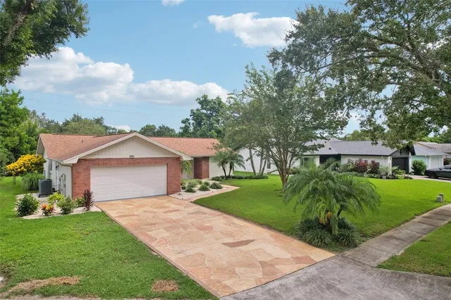 a view of a lake with lots of green space