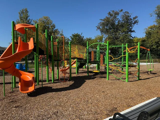 a view of a park with slide