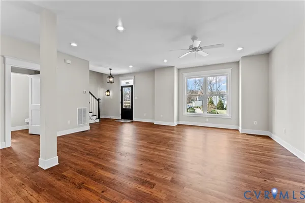 a view of kitchen with wooden floor