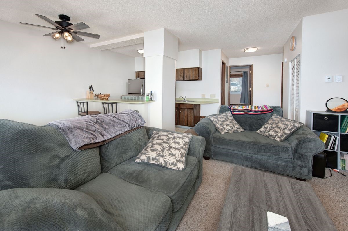 58 Summit Drive, Unit D9 Dillon, CO 80435 - Photo 5 of 34 Living room with a textured ceiling, ceiling fan, and carpet