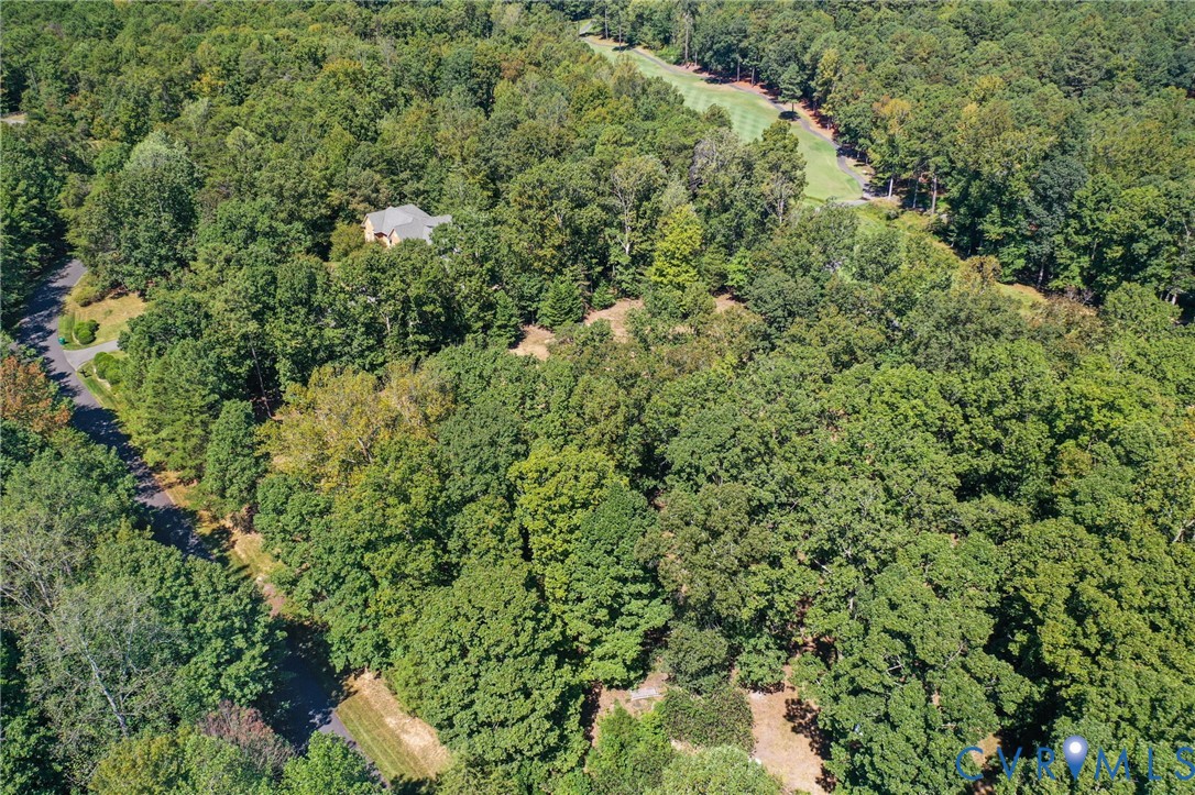 an aerial view of residential house with outdoor space and trees all around