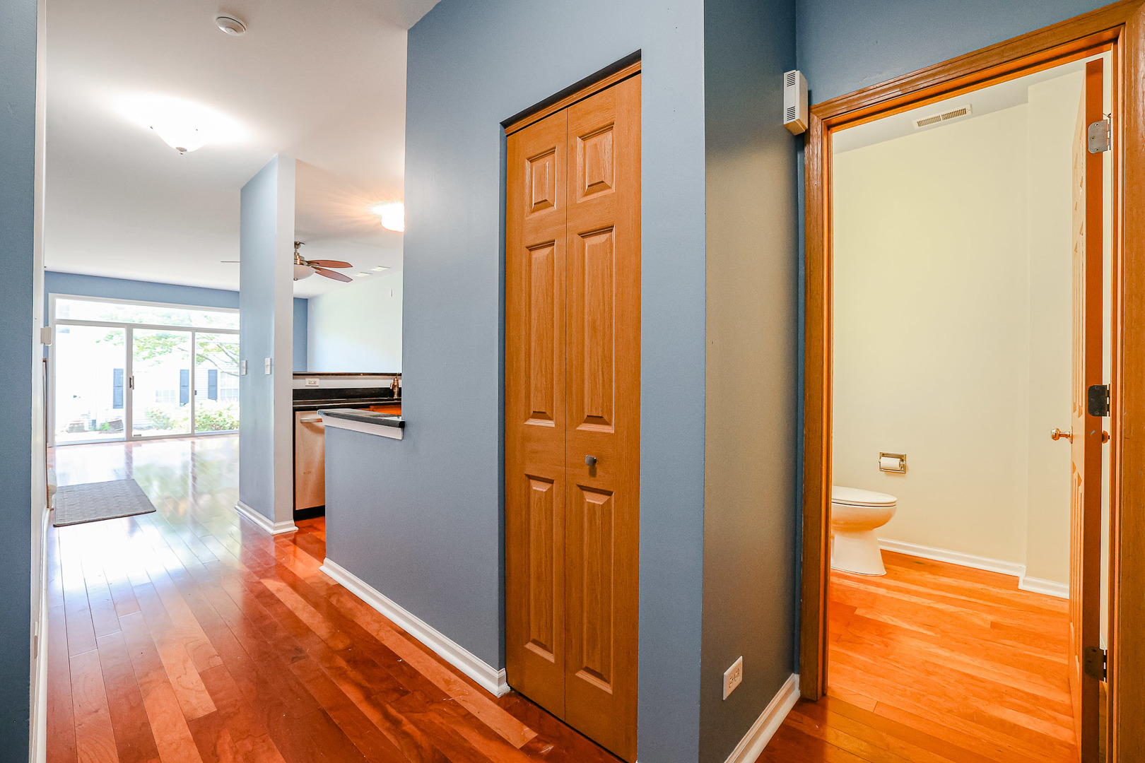 2439 Oneida Lane Naperville, IL 60563 - Photo 6 of 25 a view of a hallway with wooden floor and a bathroom