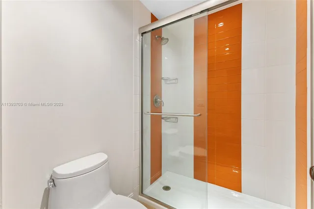 a bathroom with a shower and a toilet