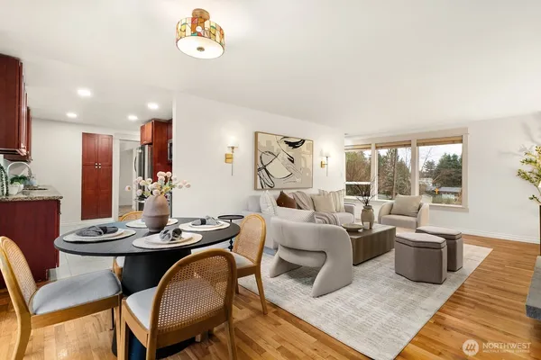 a living room with furniture and a table