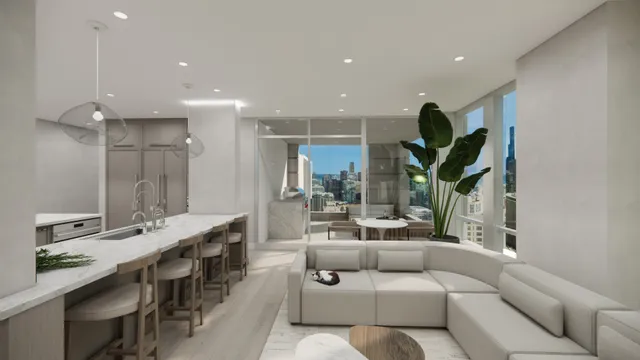 a living room with furniture kitchen and a potted plant
