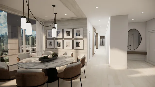 a dining room with furniture and window