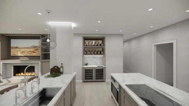 a kitchen with a stove and a refrigerator