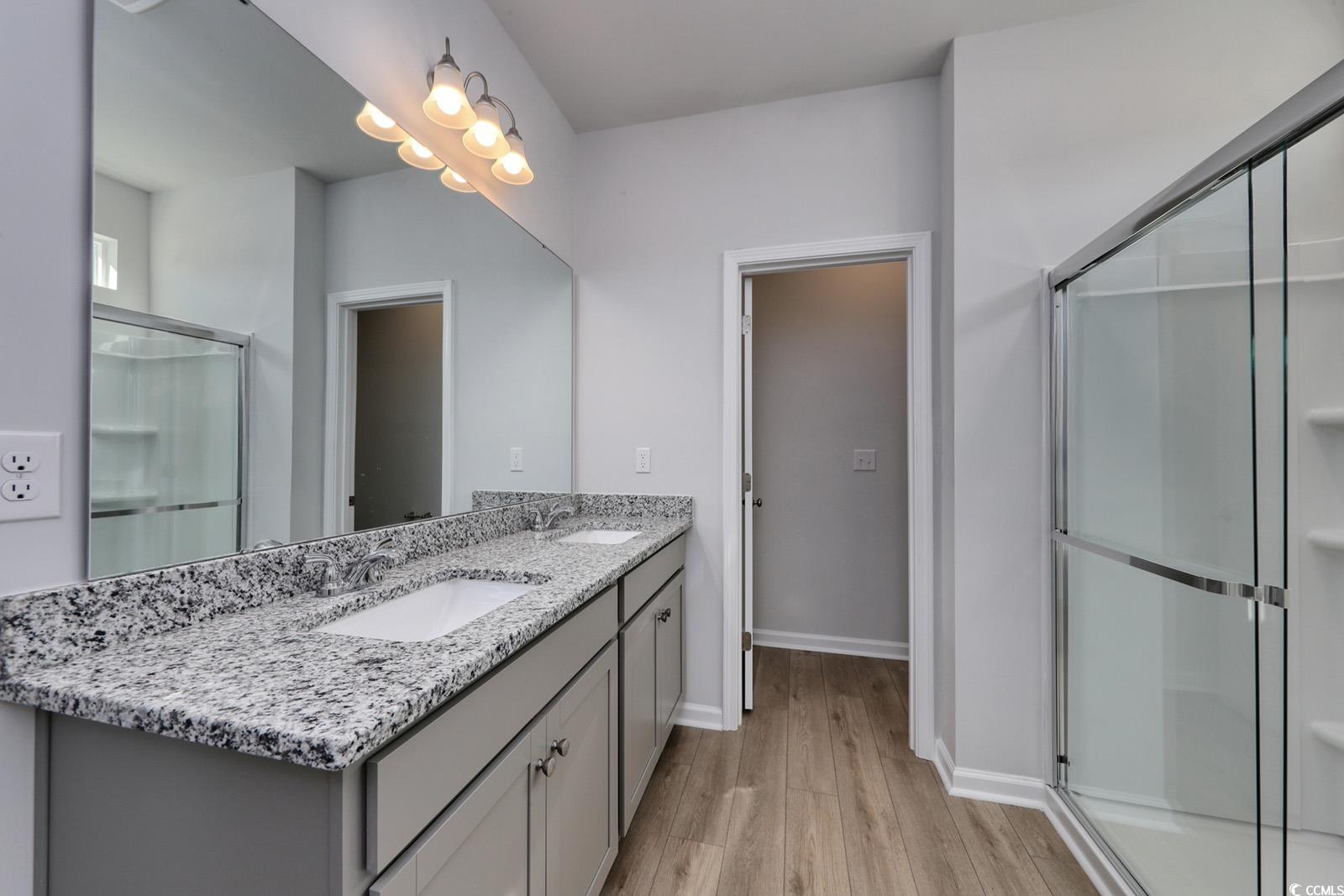 235 Sundrop Way Conway, SC 29526 - Photo 13 of 24 Bathroom featuring a stall shower, double vanity, and light wood-style flooring