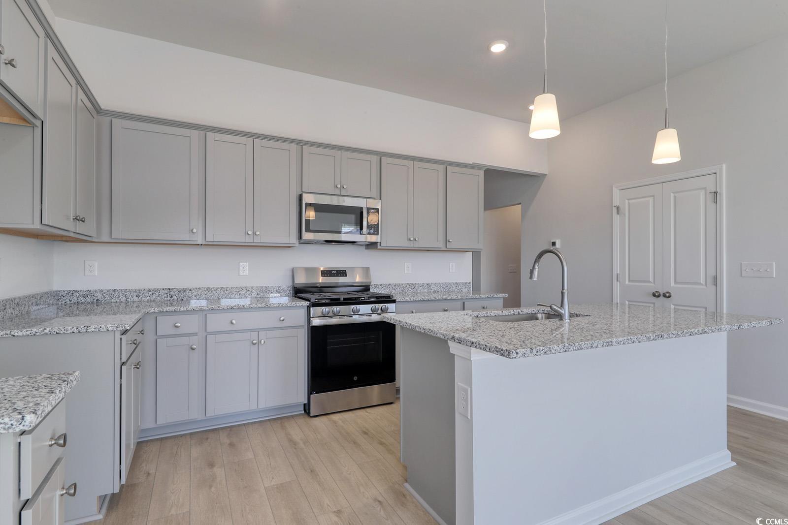 235 Sundrop Way Conway, SC 29526 - Photo 3 of 24 Kitchen featuring gray cabinetry, stainless steel appliances, light stone counters, hanging light fixtures, and light wood finished floors