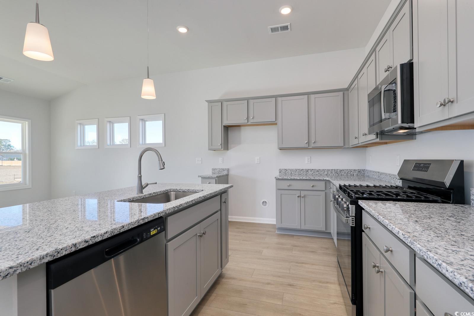 235 Sundrop Way Conway, SC 29526 - Photo 5 of 24 Kitchen with stainless steel appliances, gray cabinets, hanging light fixtures, light wood finished floors, and light stone countertops