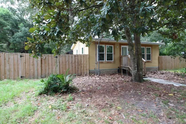 a backyard of a house with plants and tree