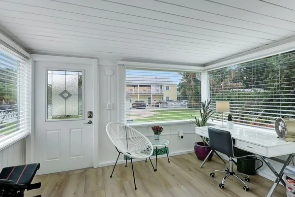 a workspace with wooden floor