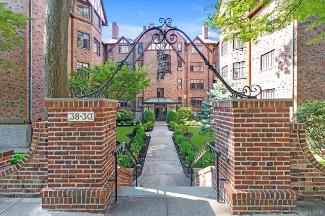 a view of a building with a garden