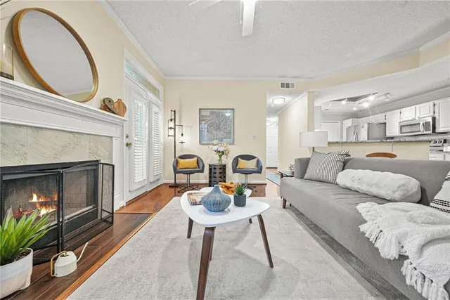 a living room with furniture and a fireplace