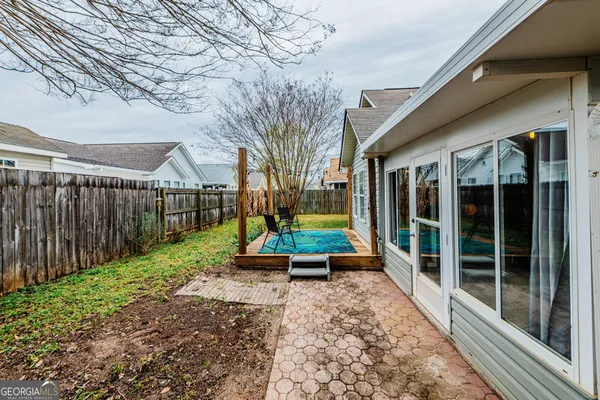 a garden view with a seating space