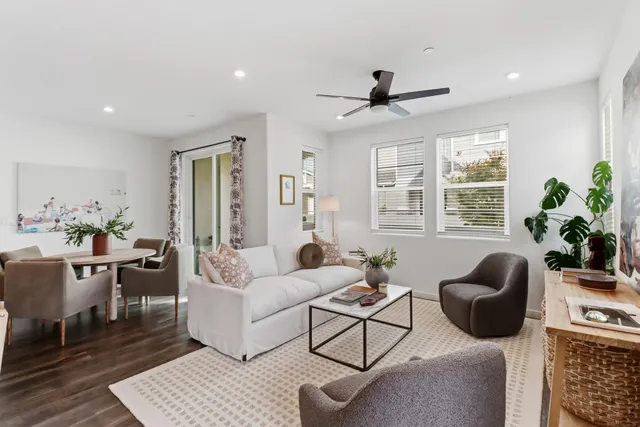 a living room with furniture a window and a potted plant