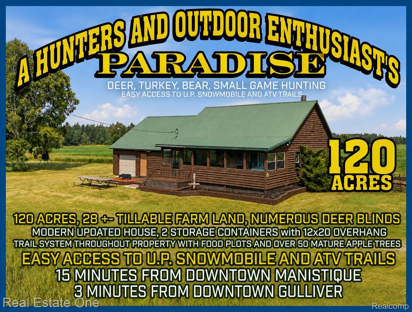 2643 North Gulliver Road Gulliver, MI 49840 - Photo 1 of 95 Real Estate Promotional Image. Highlighting property features including acreage, land use, structures, and access to recreational trails