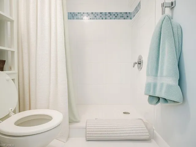 a bathroom with a shower and a toilet