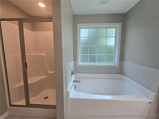 a bathroom with a bathtub and a shower