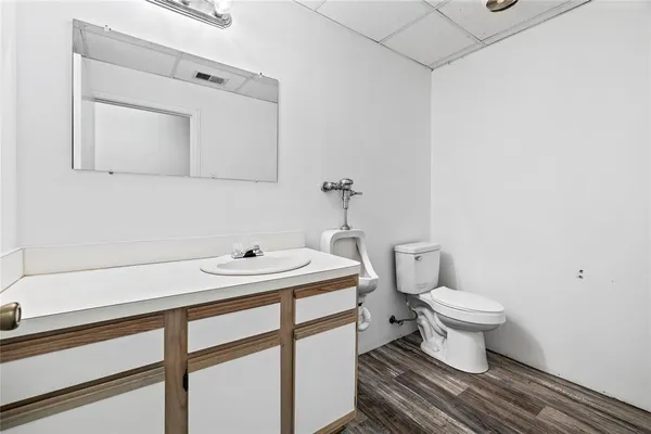 a bathroom with a sink toilet and mirror