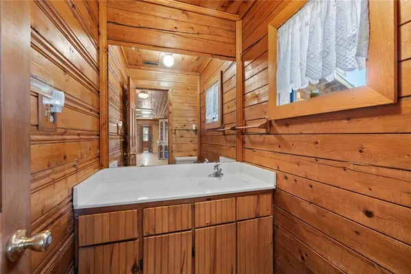 a bathroom with a sink and a large mirror