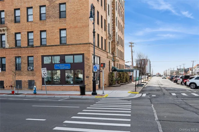 a view of a building in a street