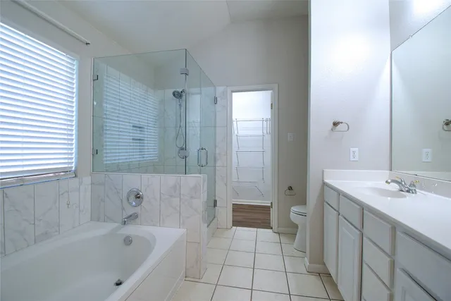 a bathroom with a bathtub sink vanity and mirror