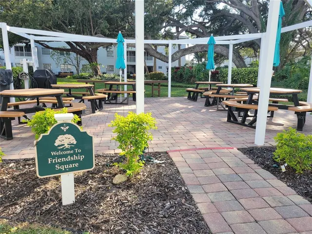 a view of a park with large trees