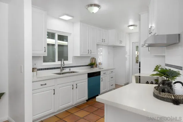 a kitchen with a sink dishwasher and white cabinets