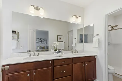 a bathroom with a sink double vanity and a mirror