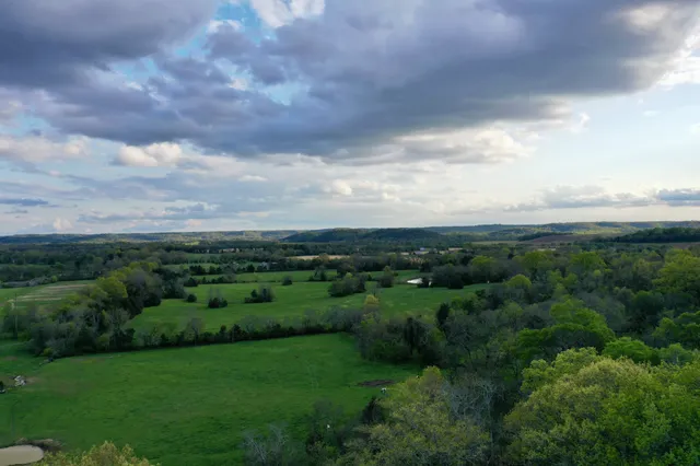 a view of a city with lush green forest