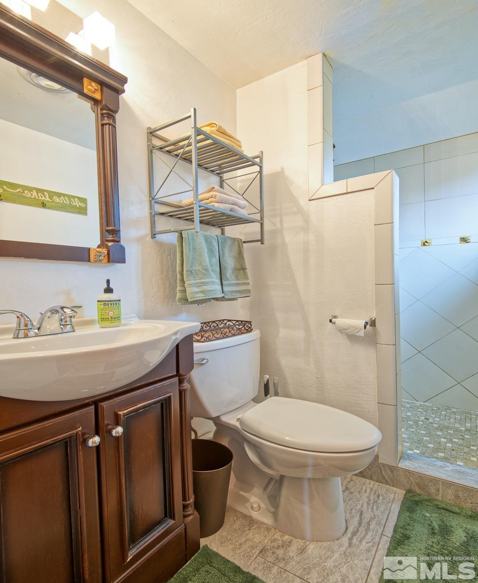 618 Jeff Lane Stateline, NV 89449 - Photo 22 of 37 a bathroom with a sink a toilet a mirror and shower