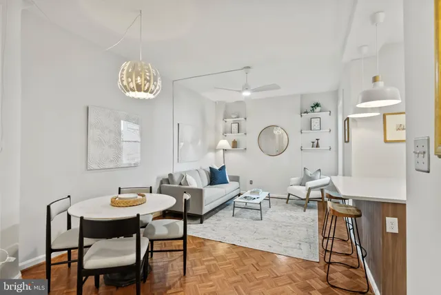 a view of a dining room with furniture