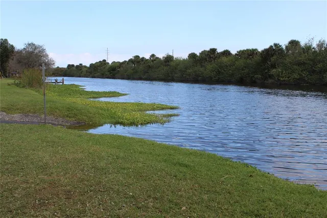 a view of a lake with houses in the background