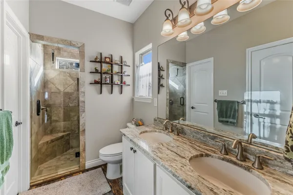 a bathroom with a sink a toilet a mirror a vanity and shower