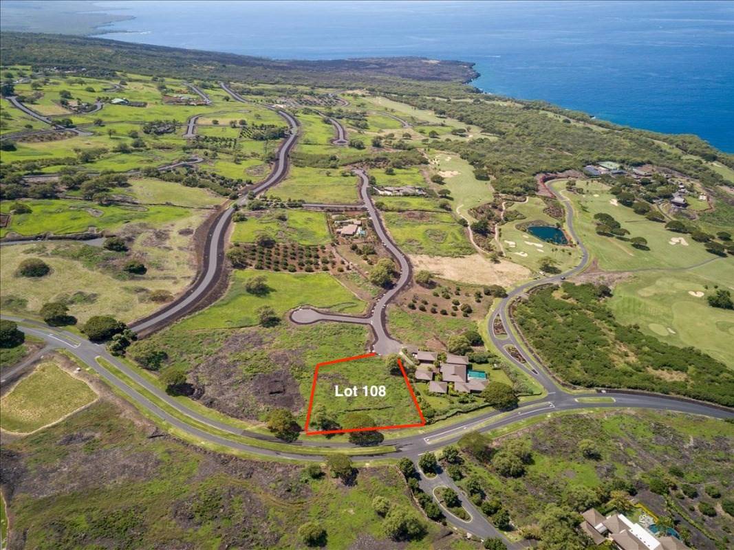 Lot 108 outlined in red. Aerial view shows the lot in relation to Hokuli'a and the exceptional ocean views.