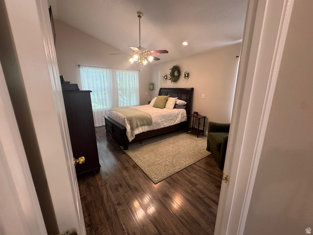 1976 River Bottom Road Springville, UT 84663 - Photo 19 of 45 Spacious interior featuring vaulted ceilings, wood-finish flooring, a ceiling fan with integrated lighting, and recessed lighting
