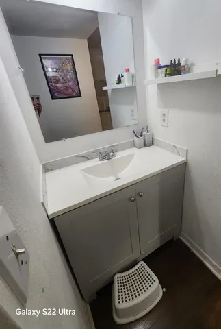a bathroom with a sink and a mirror