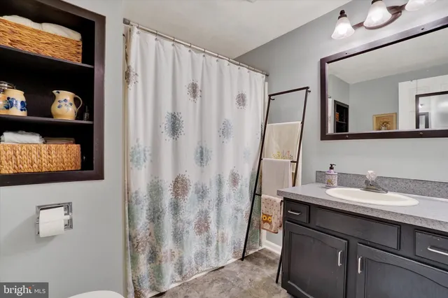 a bathroom with a sink a mirror and shower curtain